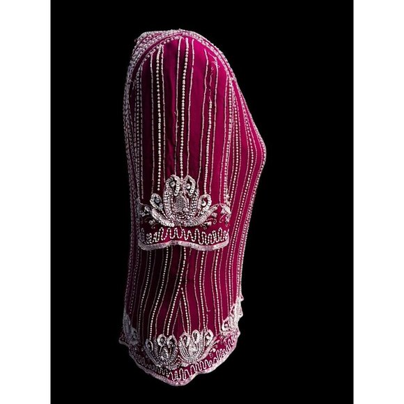 Vintage Fuchsia Beaded Silk Blouse With Pearl & Sequin Embellishments Short Slee - Picture 5 of 11